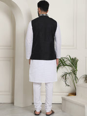 Men's Cotton Chikankari White Kurta and White Pyjama With Embroidered Black Nehru Jacket