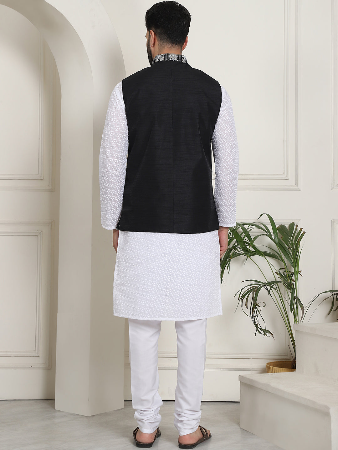 Nehru Jacket White Kurta Pajama With Black Coat Men's Cotton
