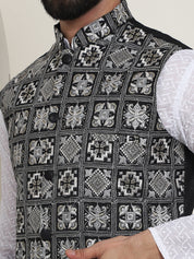 Men's Cotton Chikankari White Kurta and White Pyjama With Embroidered Black Nehru Jacket