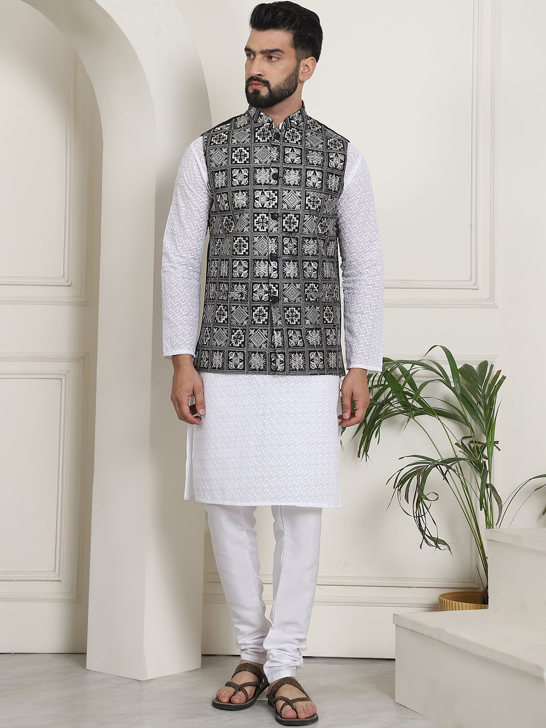 Men's Cotton Chikankari White Kurta and White Pyjama With Embroidered Black Nehru Jacket