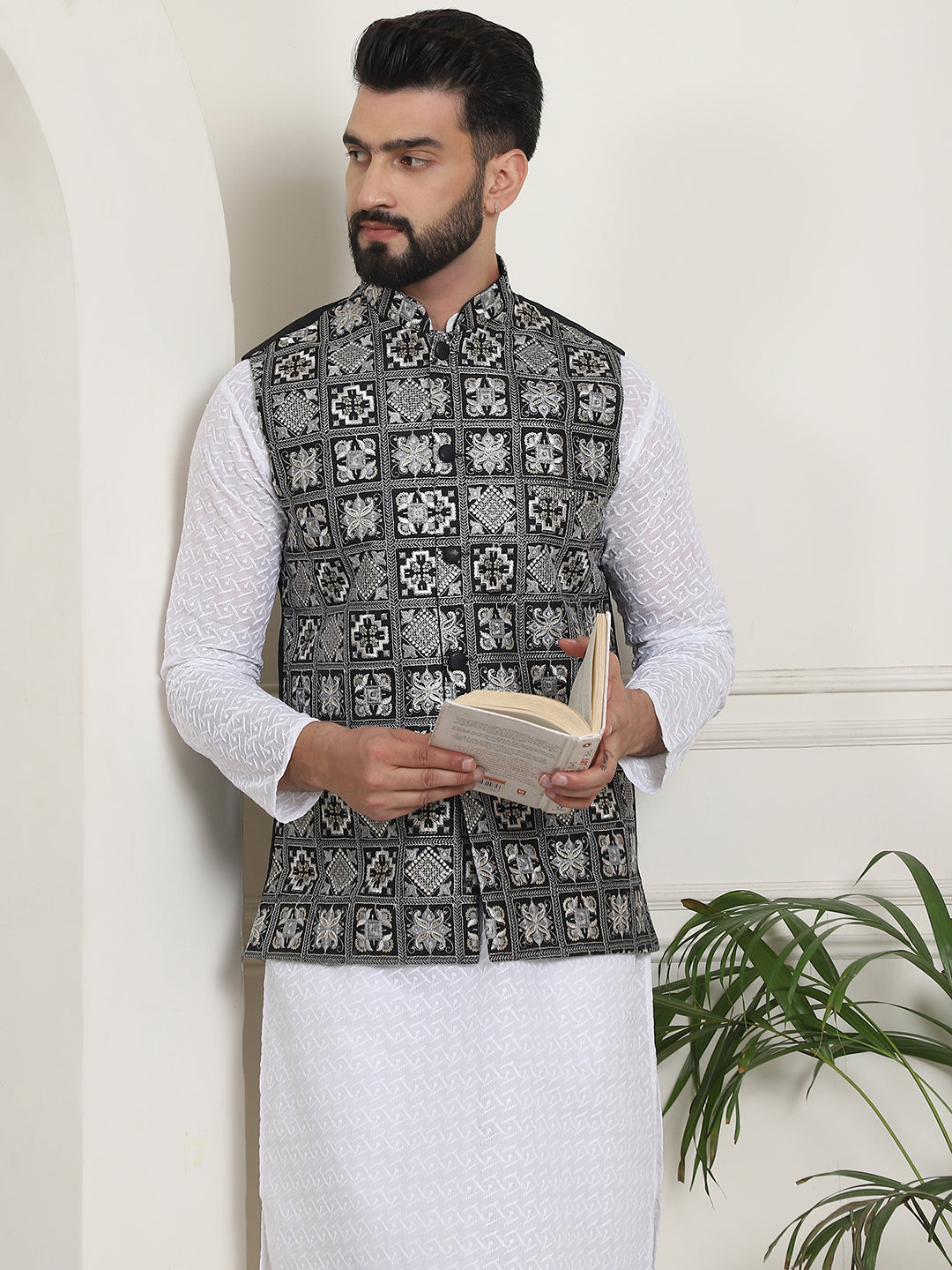 Men's Cotton Chikankari White Kurta and White Pyjama With Embroidered Black Nehru Jacket