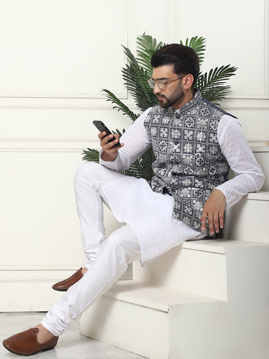 Men's Cotton Chikankari White Kurta and Pyjama With Embroidered Grey Nehru Jacket