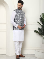 Men's Cotton Chikankari White Kurta and Pyjama With Embroidered Grey Nehru Jacket