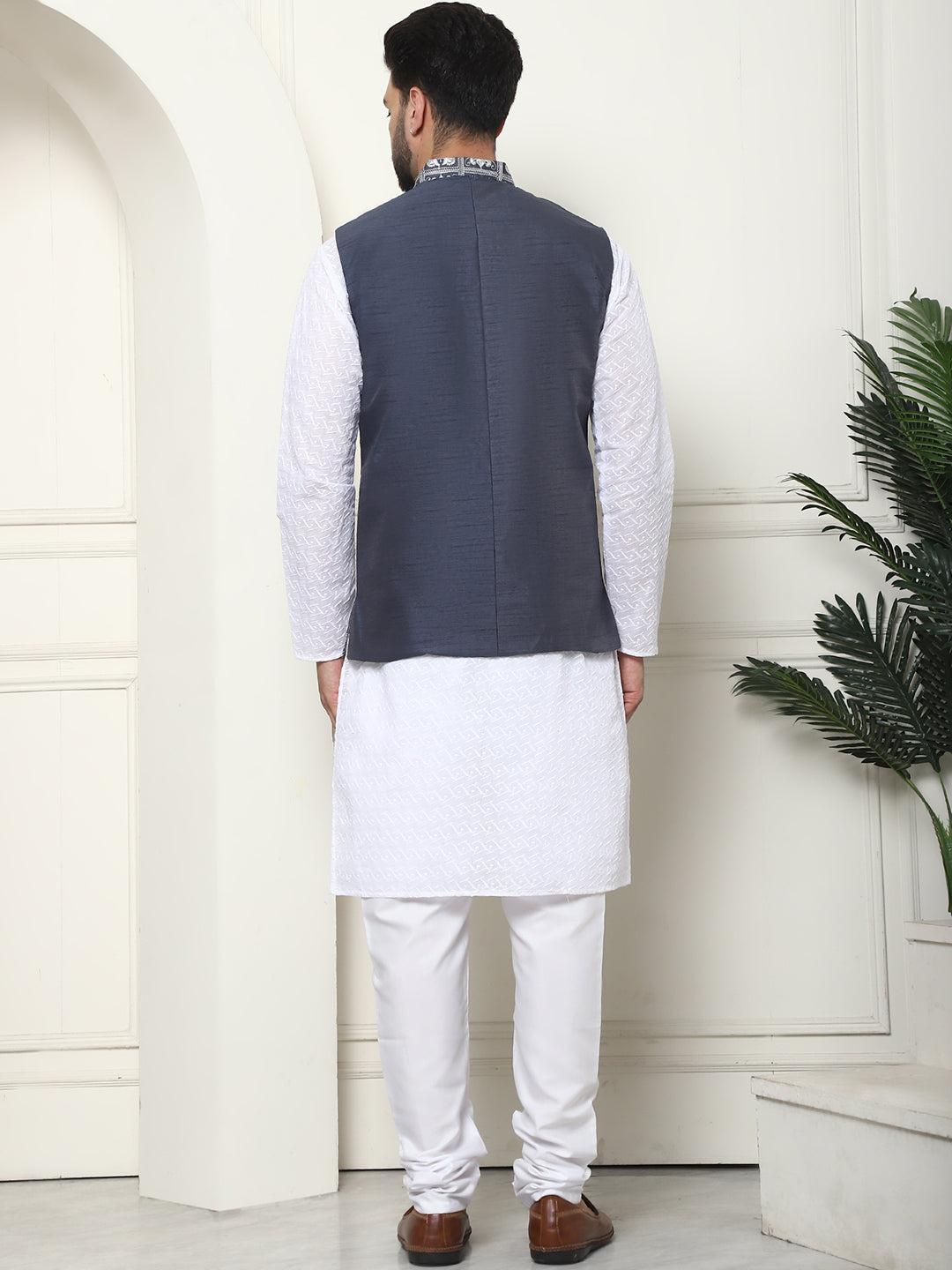 Men's Cotton Chikankari White Kurta and Pyjama With Embroidered Grey Nehru Jacket