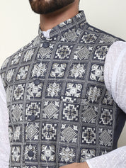 Men's Cotton Chikankari White Kurta and Pyjama With Embroidered Grey Nehru Jacket