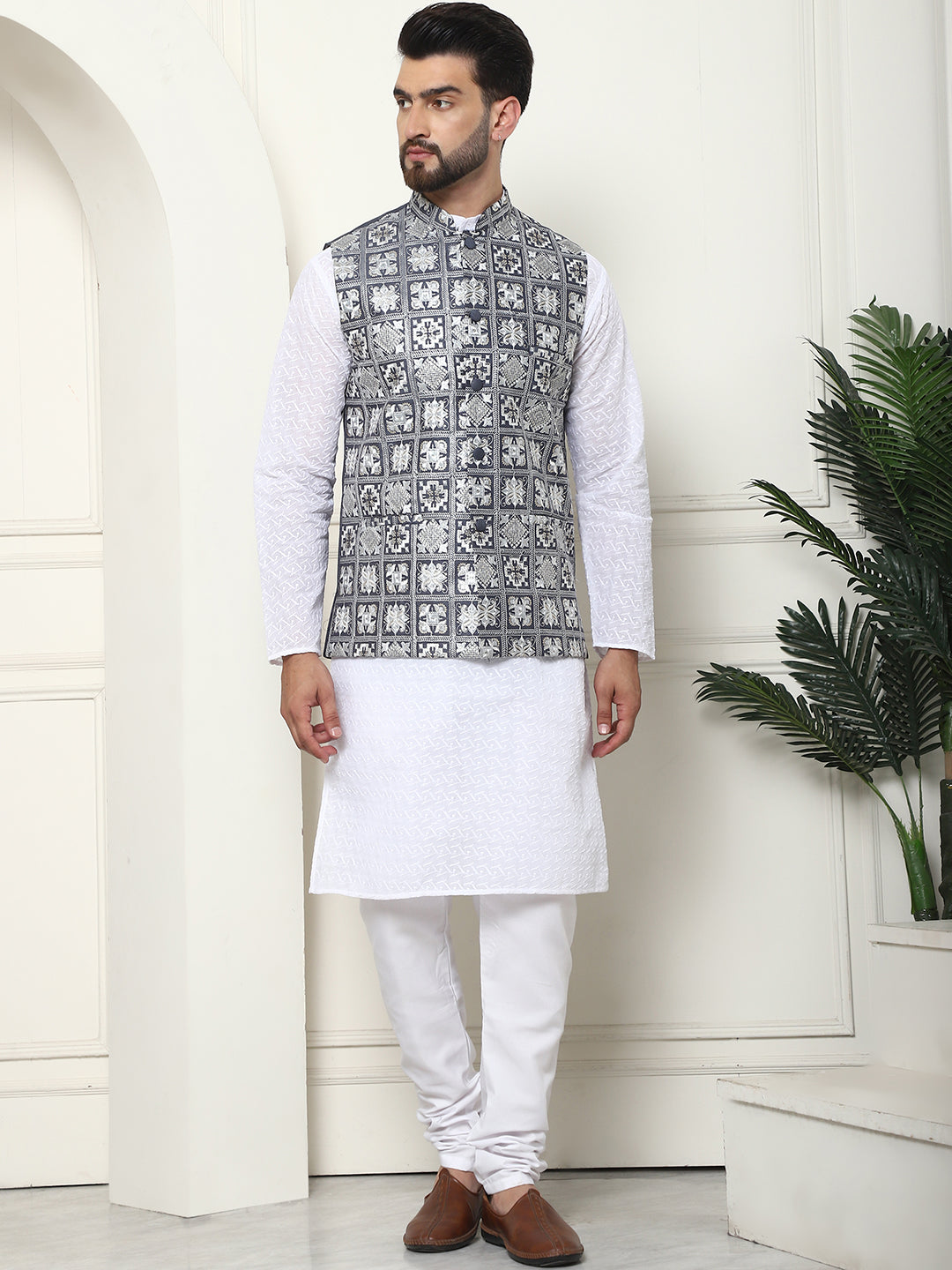 Men's Cotton Chikankari White Kurta and Pyjama With Embroidered Grey Nehru Jacket