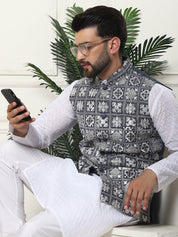 Men's Cotton Chikankari White Kurta and Pyjama With Embroidered Grey Nehru Jacket