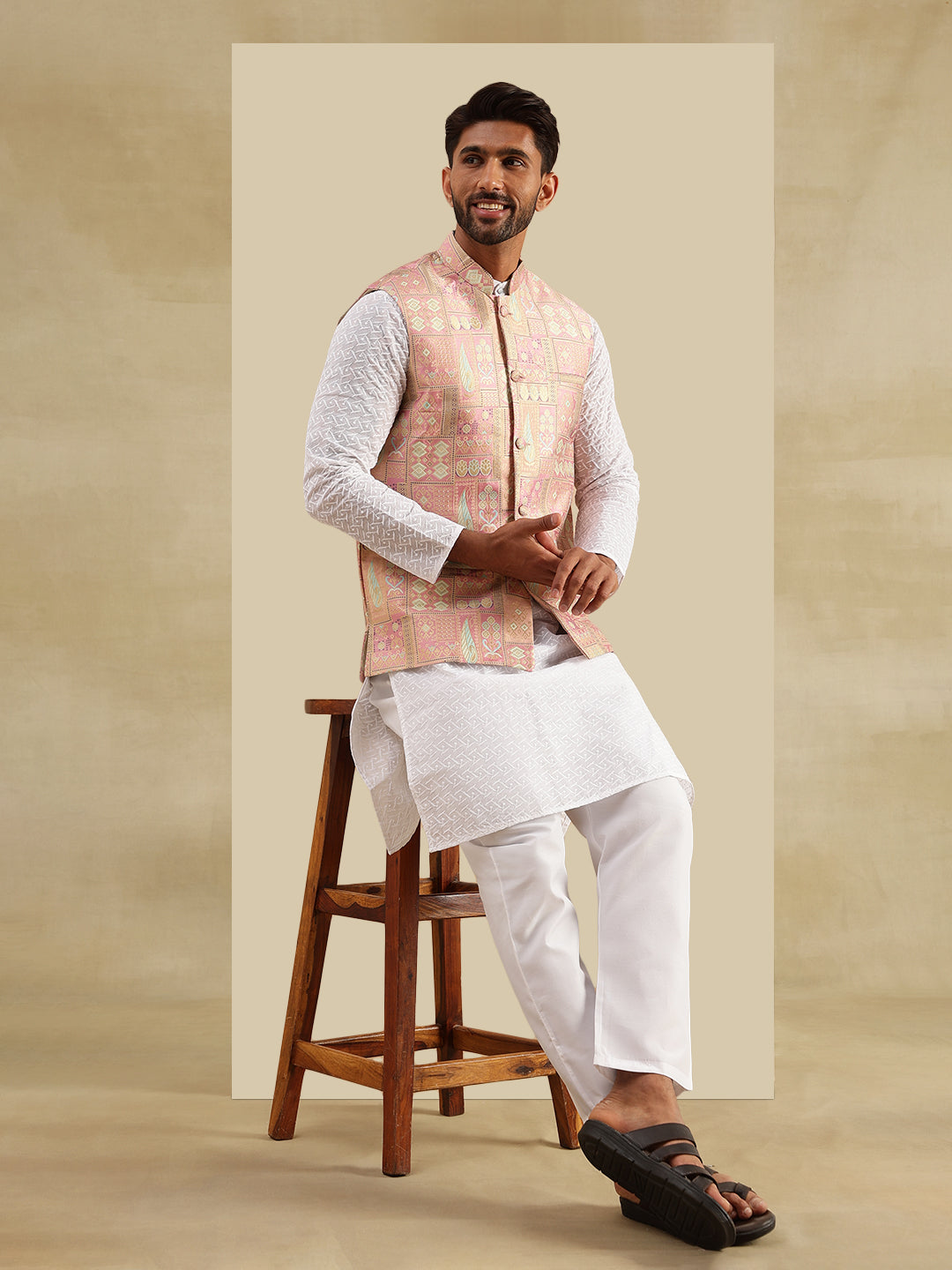 Men's Cotton Chikankari White Kurta and Pyjama With Jacquard Silk Pink Nehru Jacket