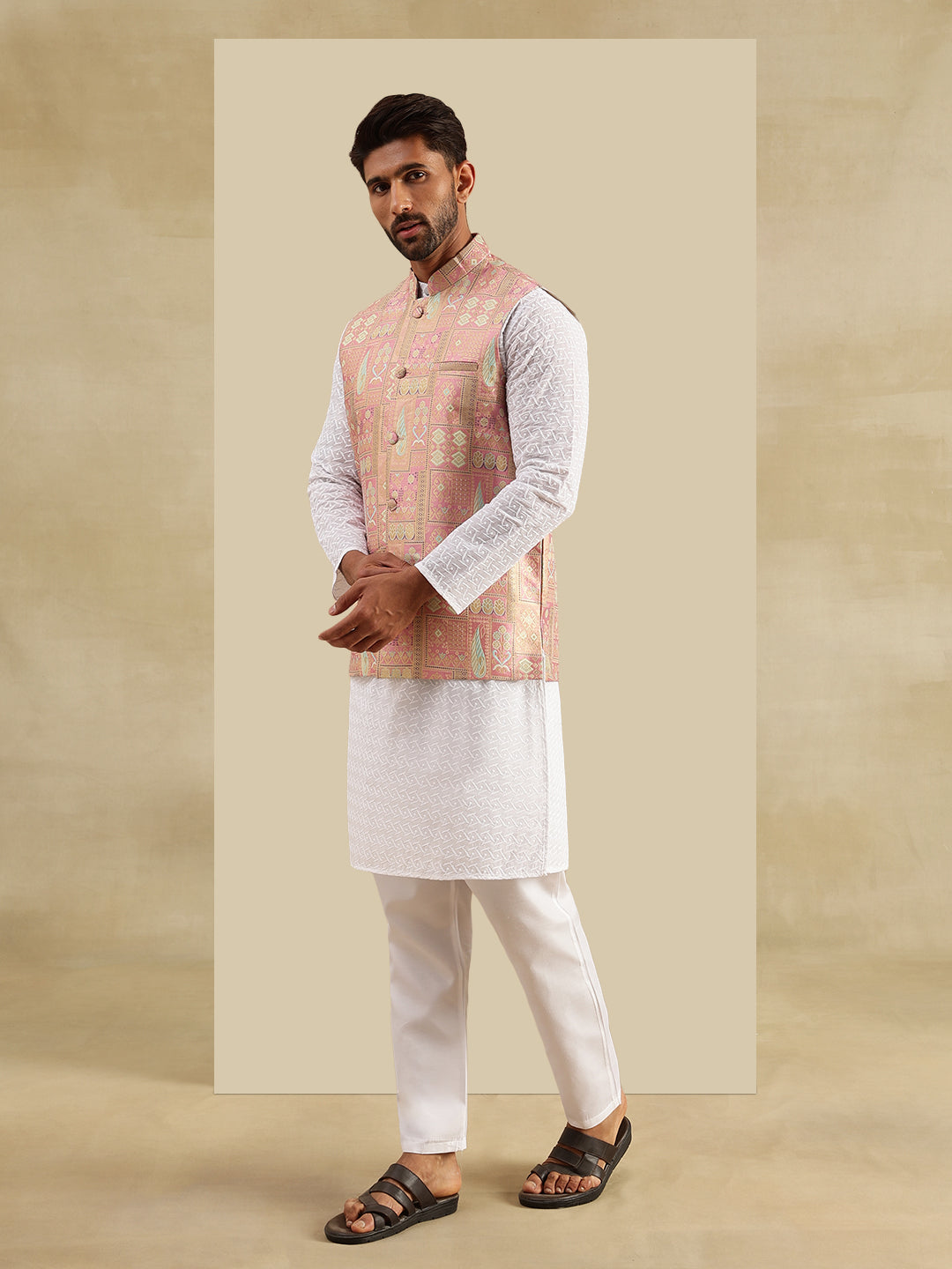 Men's Cotton Chikankari White Kurta and Pyjama With Jacquard Silk Pink Nehru Jacket