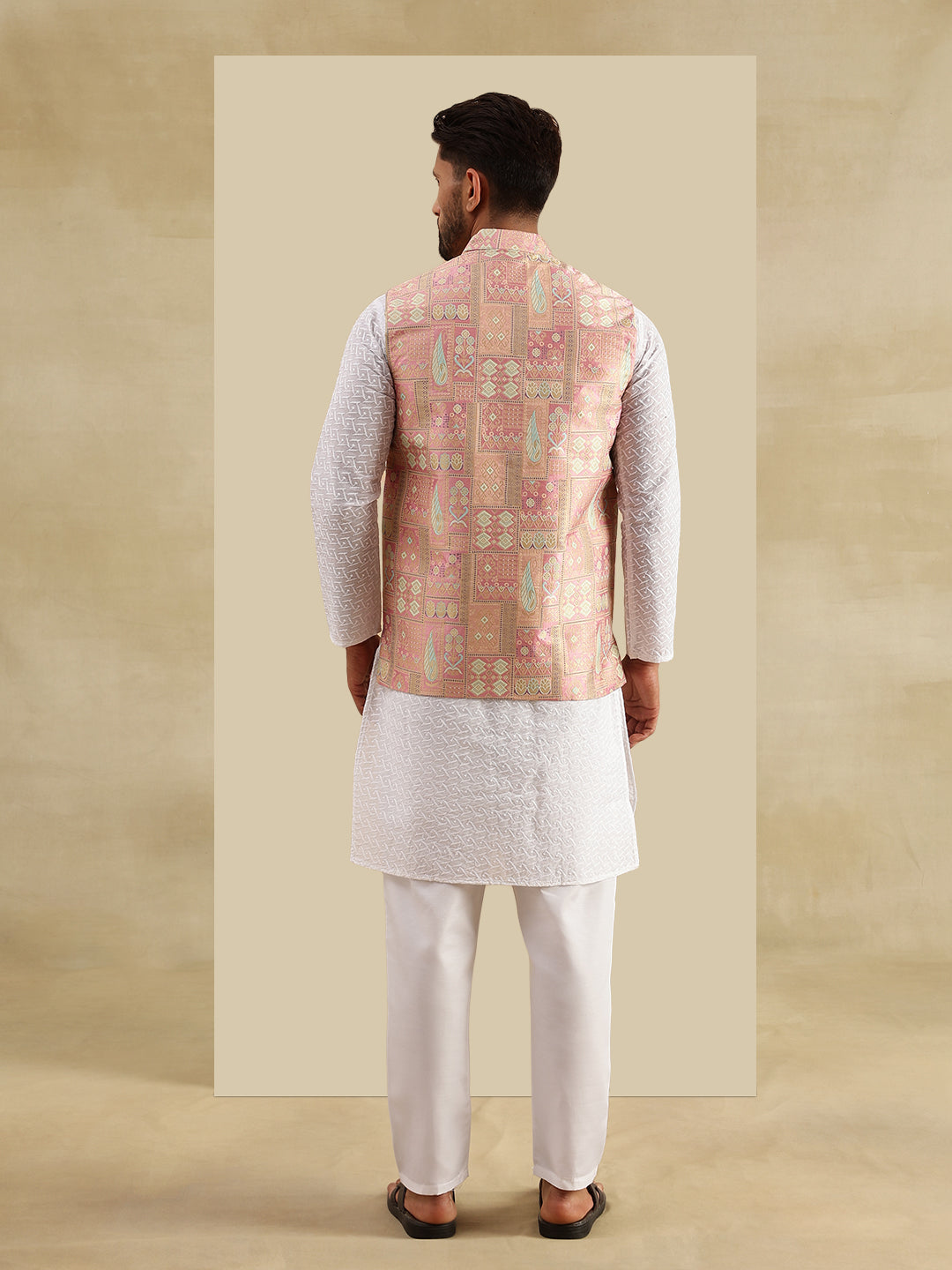 Men's Cotton Chikankari White Kurta and Pyjama With Jacquard Silk Pink Nehru Jacket