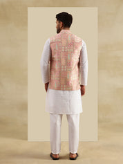 Men's Cotton Chikankari White Kurta and Pyjama With Jacquard Silk Pink Nehru Jacket