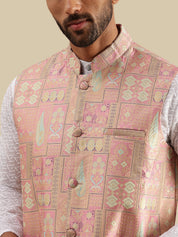 Men's Cotton Chikankari White Kurta and Pyjama With Jacquard Silk Pink Nehru Jacket