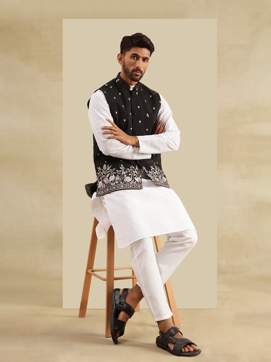 Men's Cotton Chikankari White Kurta and Pyjama With Daman Embroidered Black Nehru Jacket