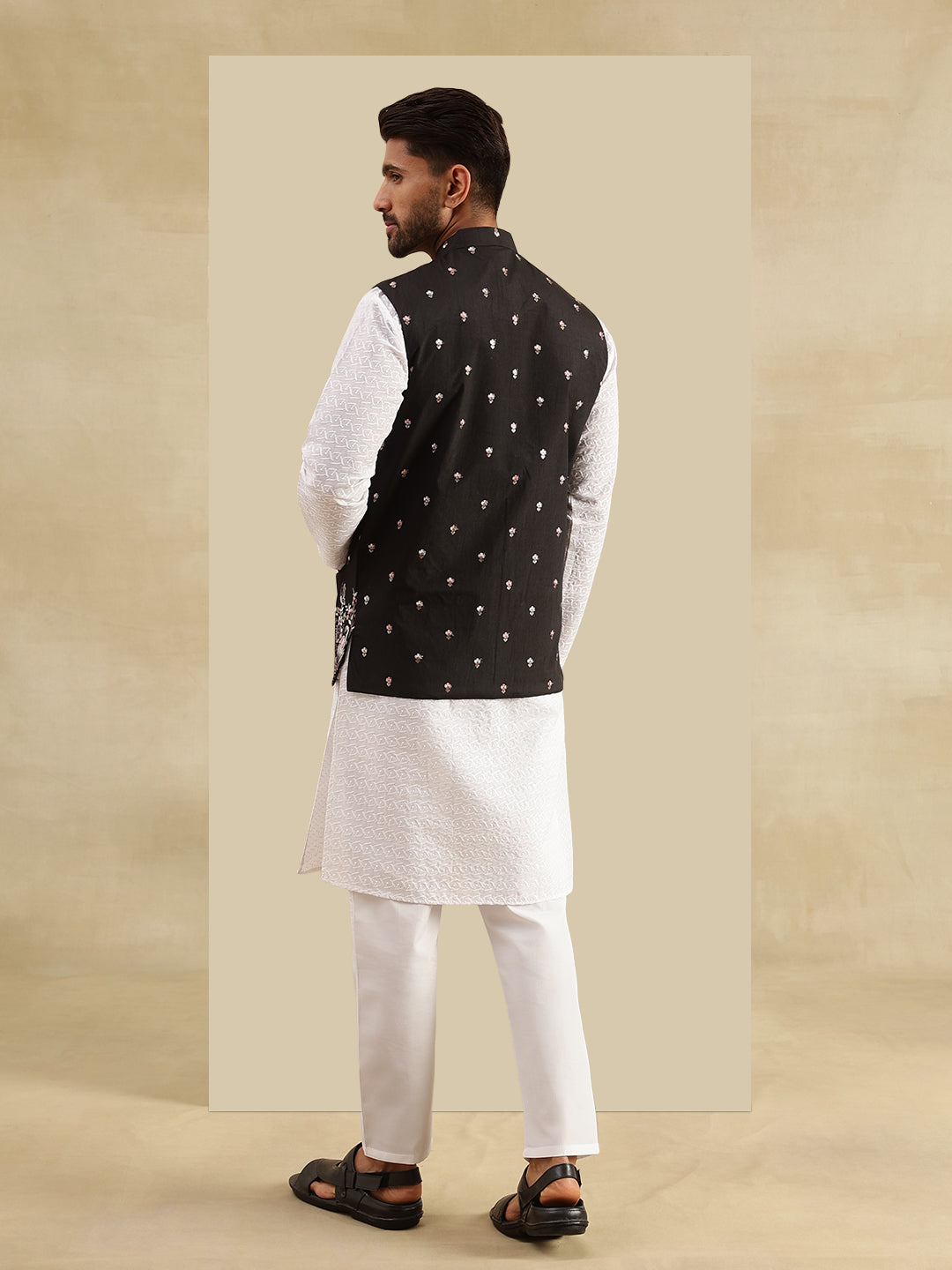 Men's Cotton Chikankari White Kurta and Pyjama With Daman Embroidered Black Nehru Jacket