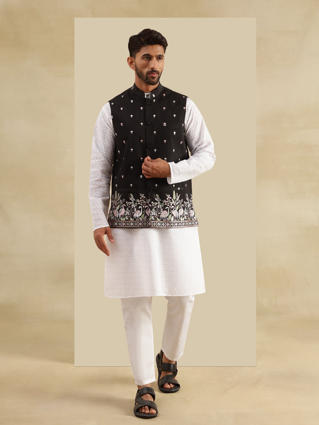 Men's Cotton Chikankari White Kurta and Pyjama With Daman Embroidered Black Nehru Jacket
