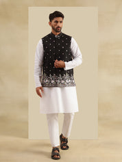 Men's Cotton Chikankari White Kurta and Pyjama With Daman Embroidered Black Nehru Jacket