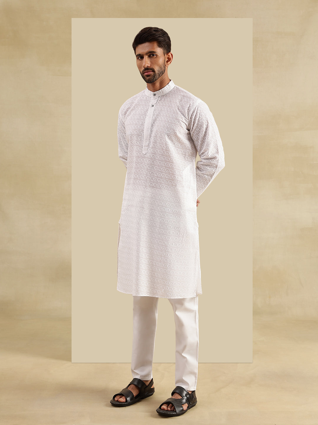 Men's Cotton Chikankari White Kurta and Pyjama With Daman Embroidered Black Nehru Jacket