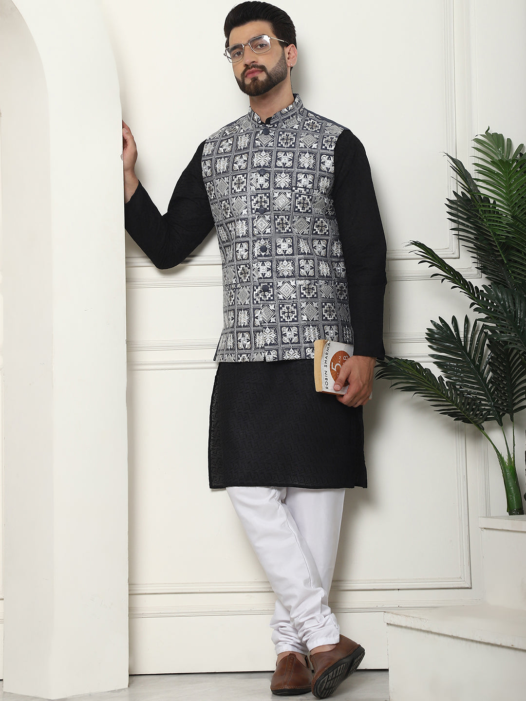 Men's Cotton Chikankari Black Kurta and Pyjama With Embroidered Grey Nehru Jacket