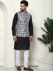 Men's Cotton Chikankari Black Kurta and Pyjama With Embroidered Grey Nehru Jacket