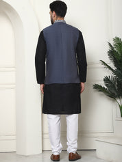 Men's Cotton Chikankari Black Kurta and Pyjama With Embroidered Grey Nehru Jacket