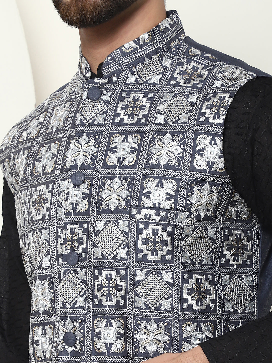 Men's Cotton Chikankari Black Kurta and Pyjama With Embroidered Grey Nehru Jacket