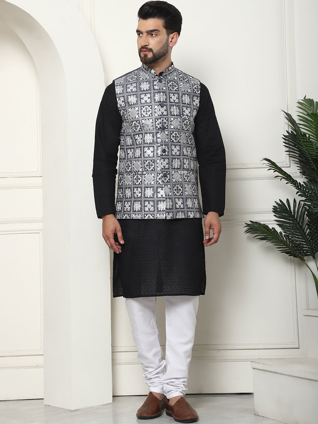 Men's Cotton Chikankari Black Kurta and Pyjama With Embroidered Grey Nehru Jacket