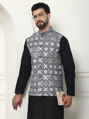 Men's Cotton Chikankari Black Kurta and Pyjama With Embroidered Grey Nehru Jacket