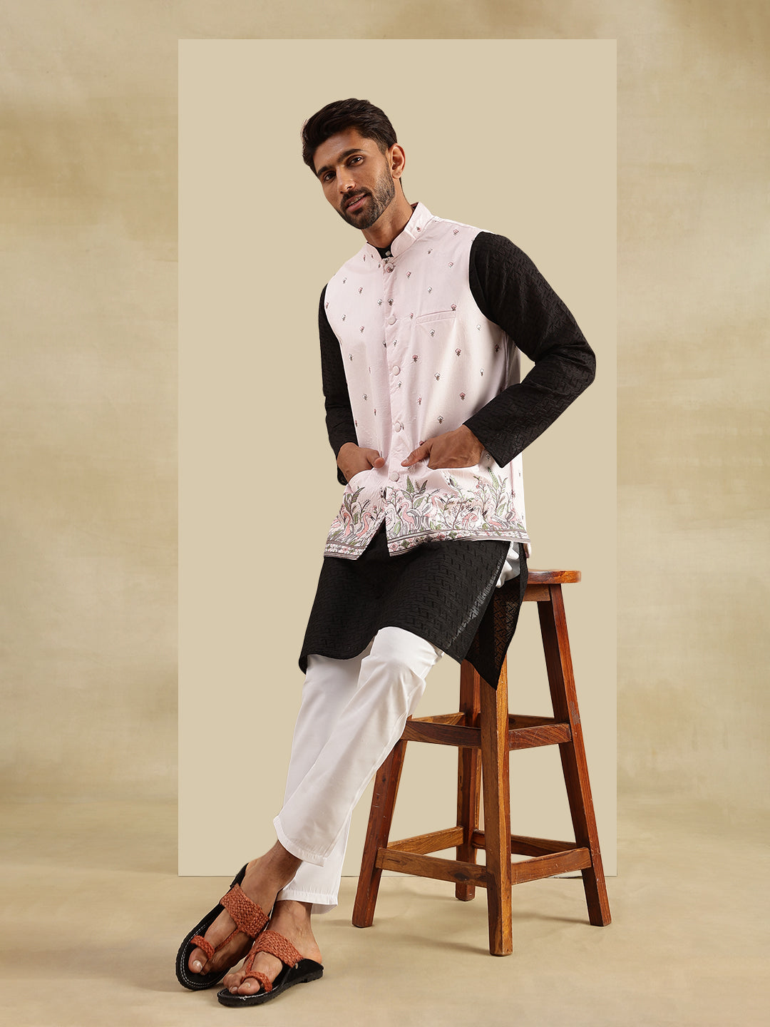 Men's Cotton Chikankari Black Kurta & White Pyjama With Daman Embroidered Pink Nehru Jacket