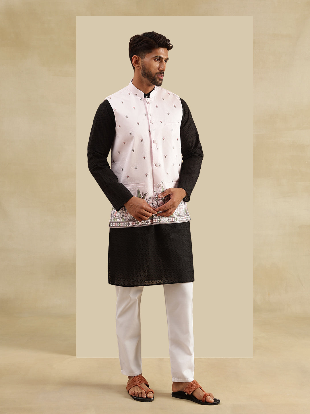 Men's Cotton Chikankari Black Kurta & White Pyjama With Daman Embroidered Pink Nehru Jacket