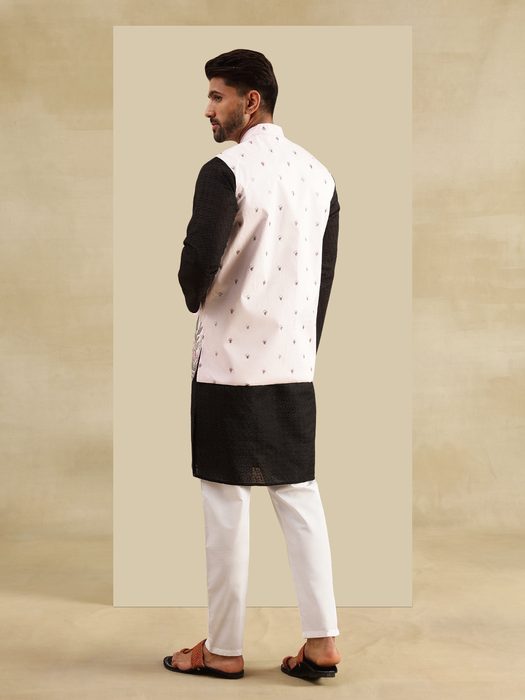 Men's Cotton Chikankari Black Kurta & White Pyjama With Daman Embroidered Pink Nehru Jacket