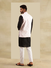 Men's Cotton Chikankari Black Kurta & White Pyjama With Daman Embroidered Pink Nehru Jacket