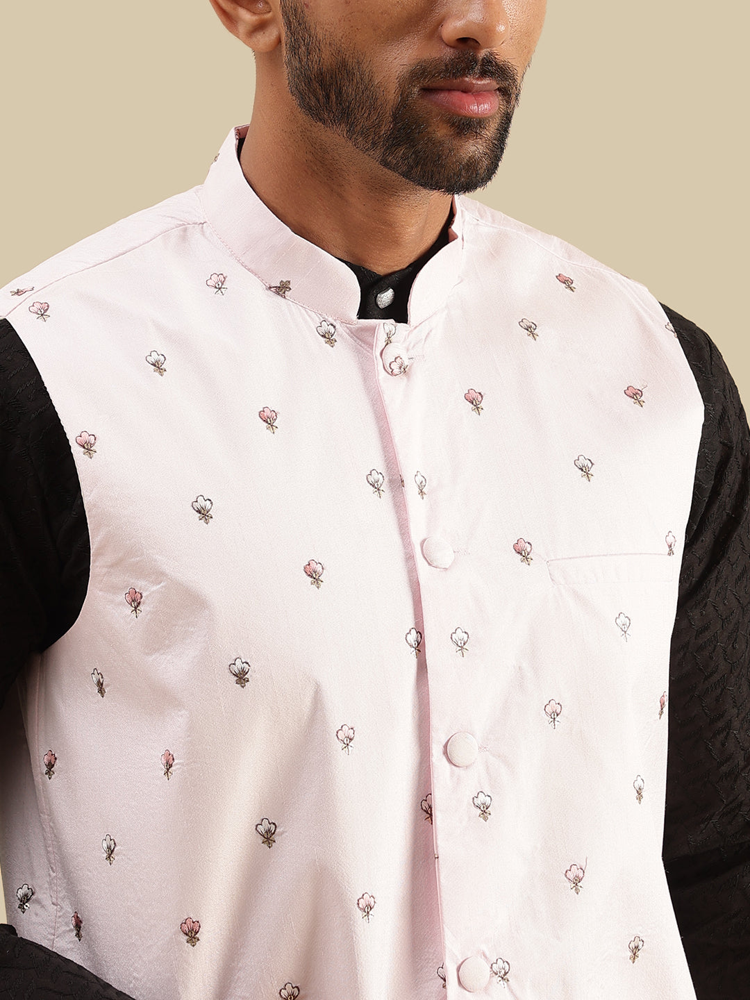 Men's Cotton Chikankari Black Kurta & White Pyjama With Daman Embroidered Pink Nehru Jacket