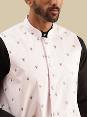 Men's Cotton Chikankari Black Kurta & White Pyjama With Daman Embroidered Pink Nehru Jacket