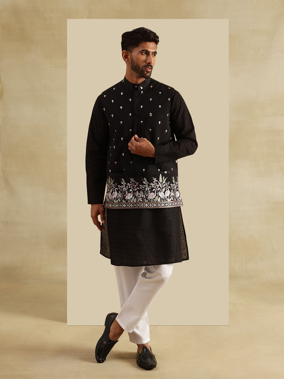 Men's Cotton Chikankari Black Kurta & White Pyjama With Daman Embroidered Nehru Jacket