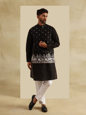 Men's Cotton Chikankari Black Kurta & White Pyjama With Daman Embroidered Nehru Jacket