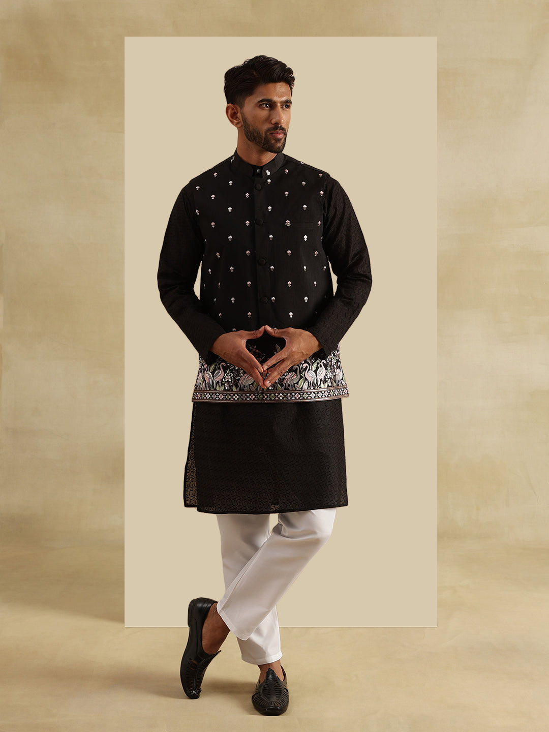 Men's Cotton Chikankari Black Kurta & White Pyjama With Daman Embroidered Nehru Jacket