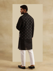Men's Cotton Chikankari Black Kurta & White Pyjama With Daman Embroidered Nehru Jacket