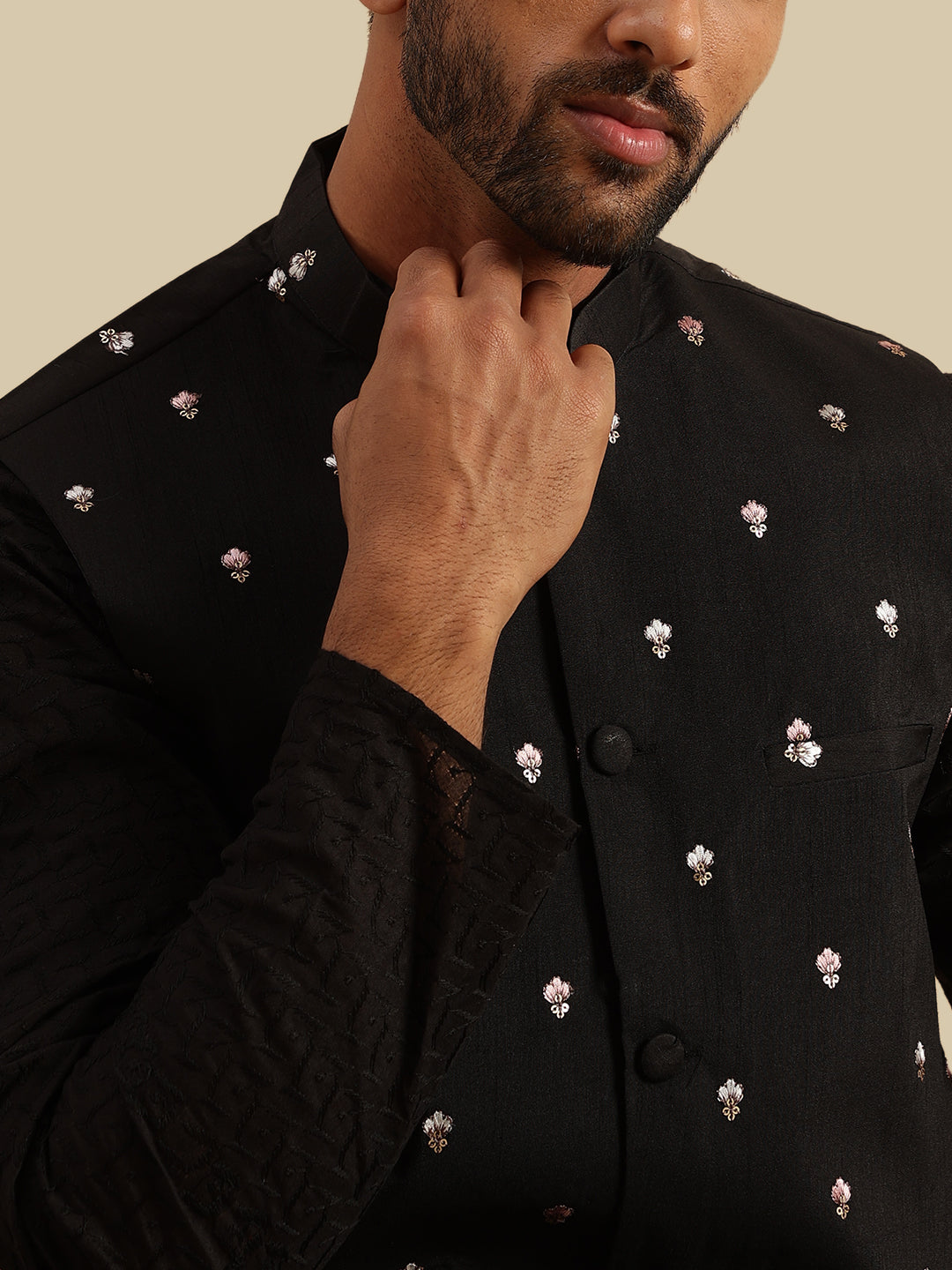Men's Cotton Chikankari Black Kurta & White Pyjama With Daman Embroidered Nehru Jacket