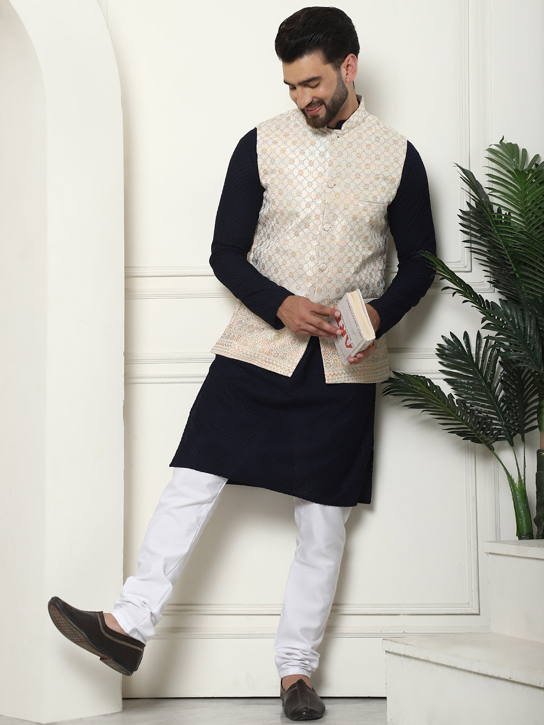 Men's Pure Cotton Navy Kurta and White Pyjama With Cream Nehru Jacket Set