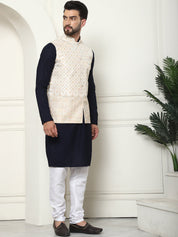 Men's Pure Cotton Navy Kurta and White Pyjama With Cream Nehru Jacket Set