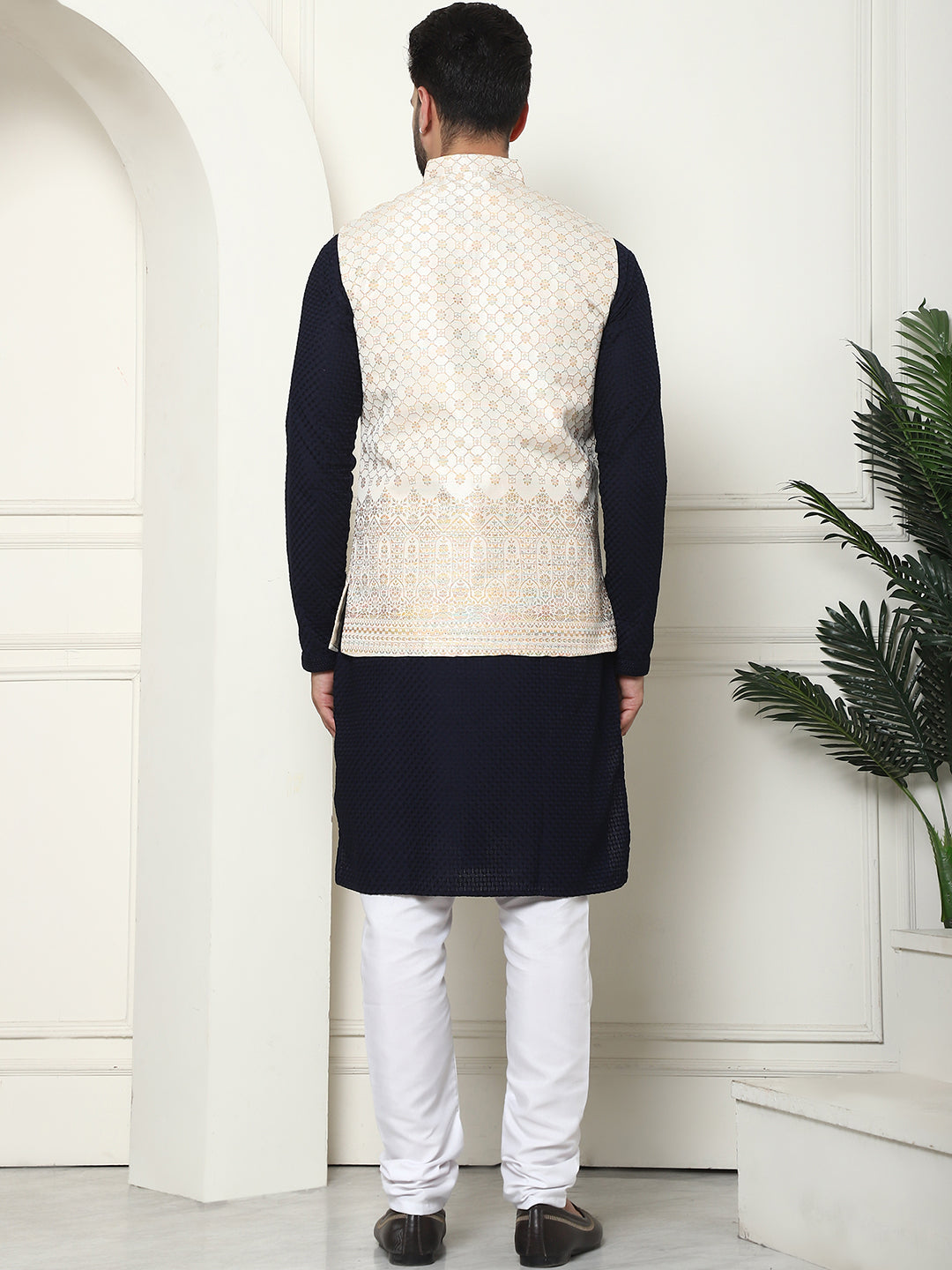 Men's Pure Cotton Navy Kurta and White Pyjama With Cream Nehru Jacket Set