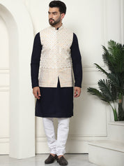 Men's Pure Cotton Navy Kurta and White Pyjama With Cream Nehru Jacket Set