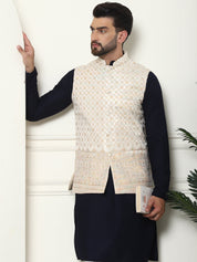 Men's Pure Cotton Navy Kurta and White Pyjama With Cream Nehru Jacket Set