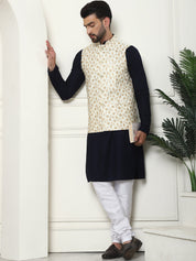 Men's Pure Cotton Navy Kurta and White Pyjama With Embroidered Cream Nehru Jacket Set