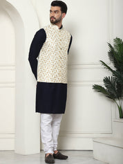 Men's Pure Cotton Navy Kurta and White Pyjama With Embroidered Cream Nehru Jacket Set