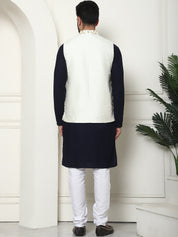 Men's Pure Cotton Navy Kurta and White Pyjama With Embroidered Cream Nehru Jacket Set