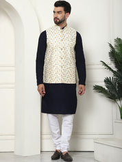 Men's Pure Cotton Navy Kurta and White Pyjama With Embroidered Cream Nehru Jacket Set