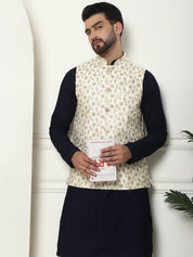 Men's Pure Cotton Navy Kurta and White Pyjama With Embroidered Cream Nehru Jacket Set