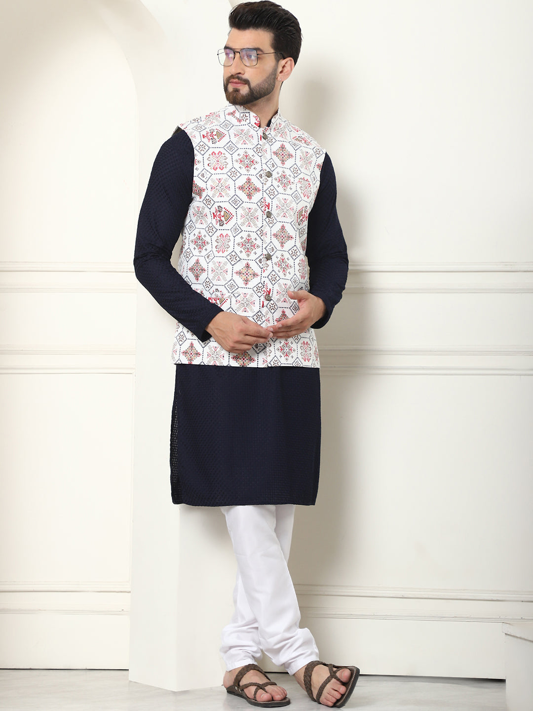 Men's Pure Cotton Navy Kurta and White Pyjama With Printed Cream Nehru Jacket Set