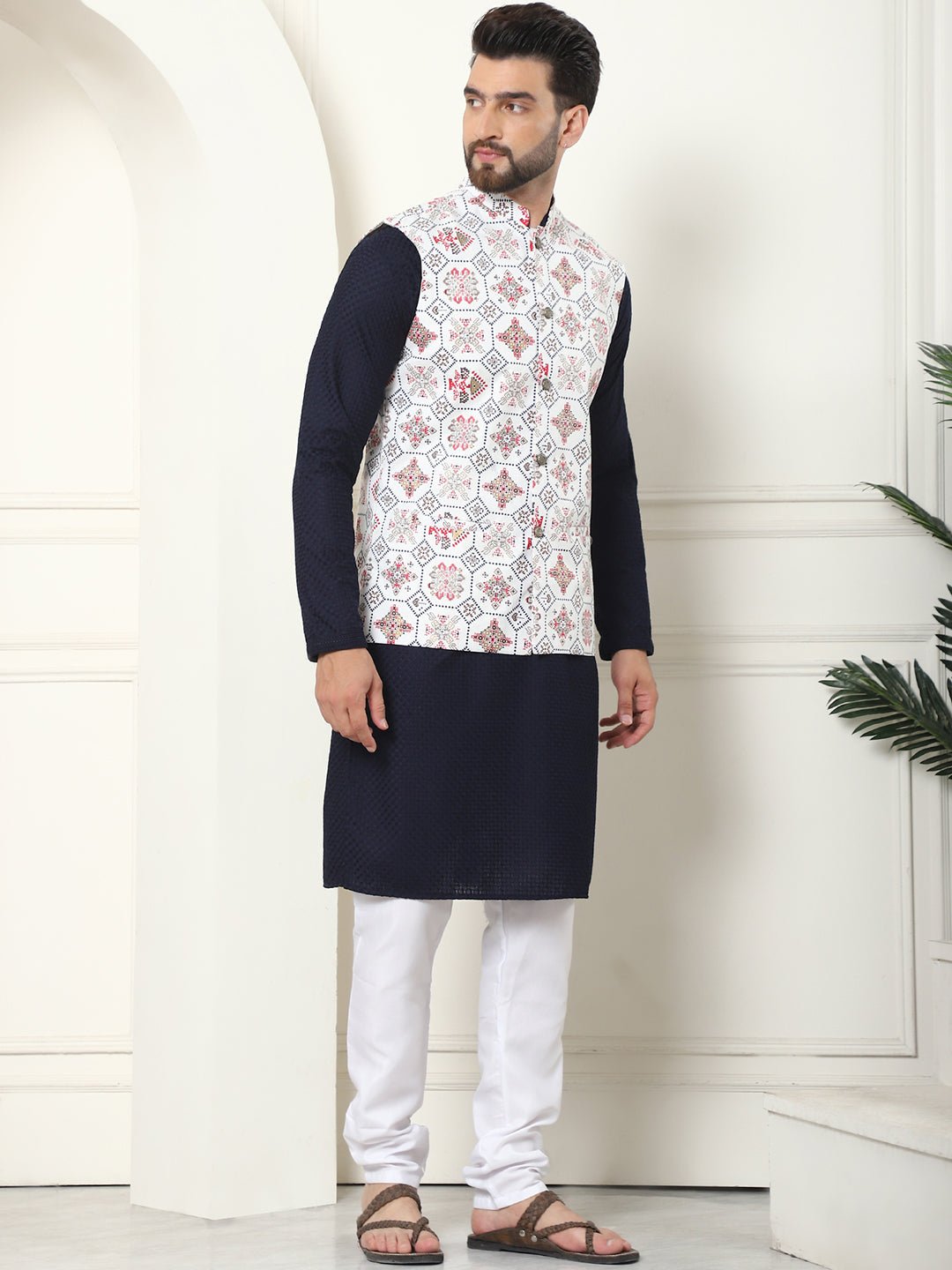 Men's Pure Cotton Navy Kurta and White Pyjama With Printed Cream Nehru Jacket Set